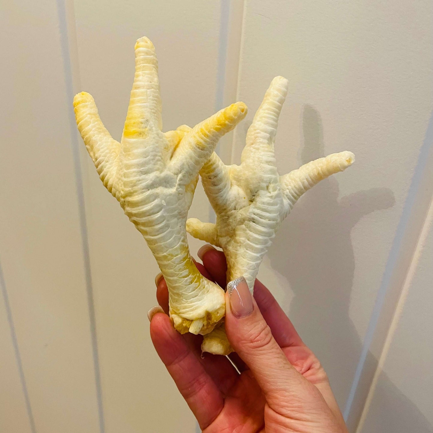 A hand holding 2 puffed chicken feet