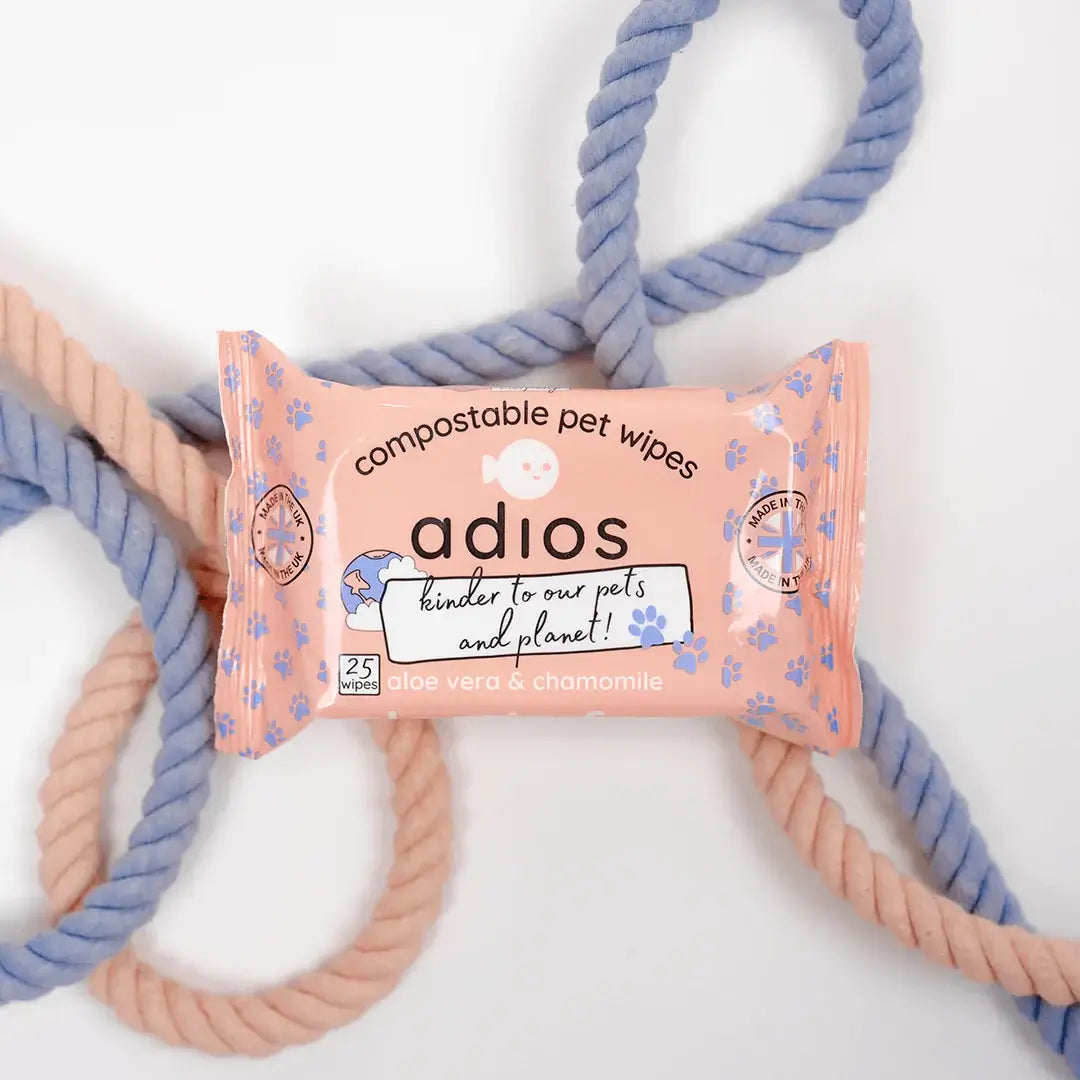 Image of a sealed Pet wipes by Adios plastic compostable pet wipes - 1x 25 wipes