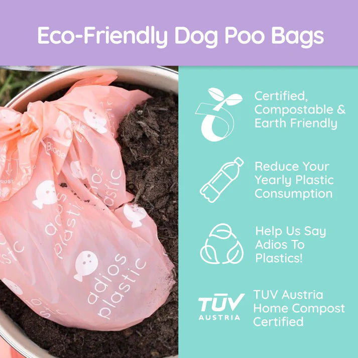 Information about the Adios poo bags, biodegradable poop bags for bags 