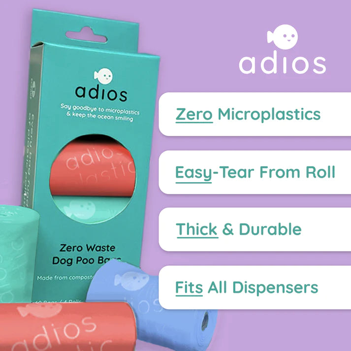 Information on the Adios poo bags, biodegradable dog poop bags