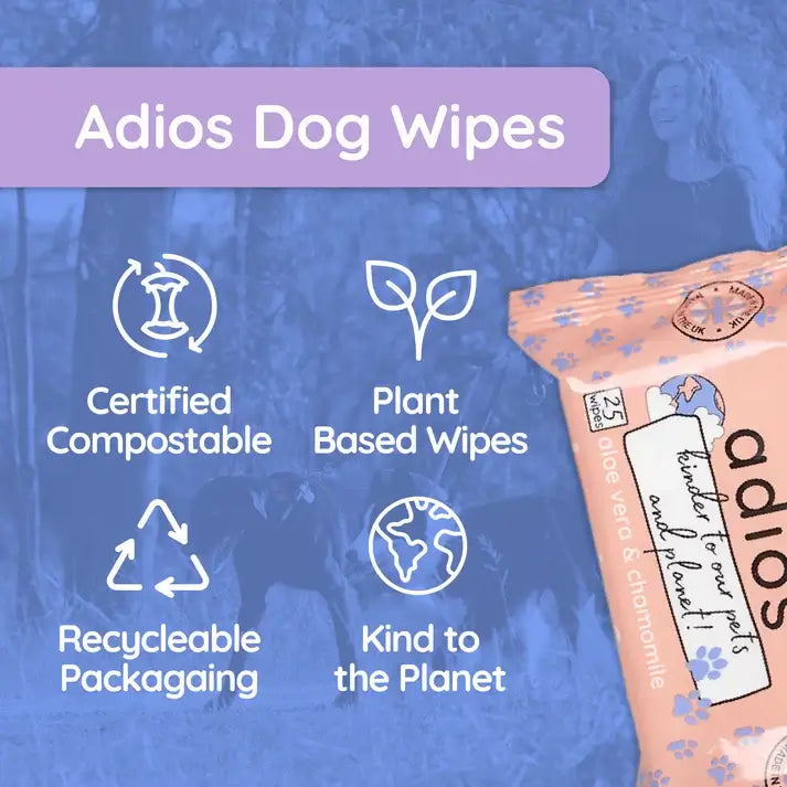 Information on the Adios Compostable Pet wipes - Certifed compostable, Plant based wipes, recyclable packaging, kind to the plant